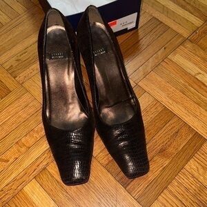 Stuart Weitzman Womens Vintage 90s Snakeskin Leather Square Toe Block Heels